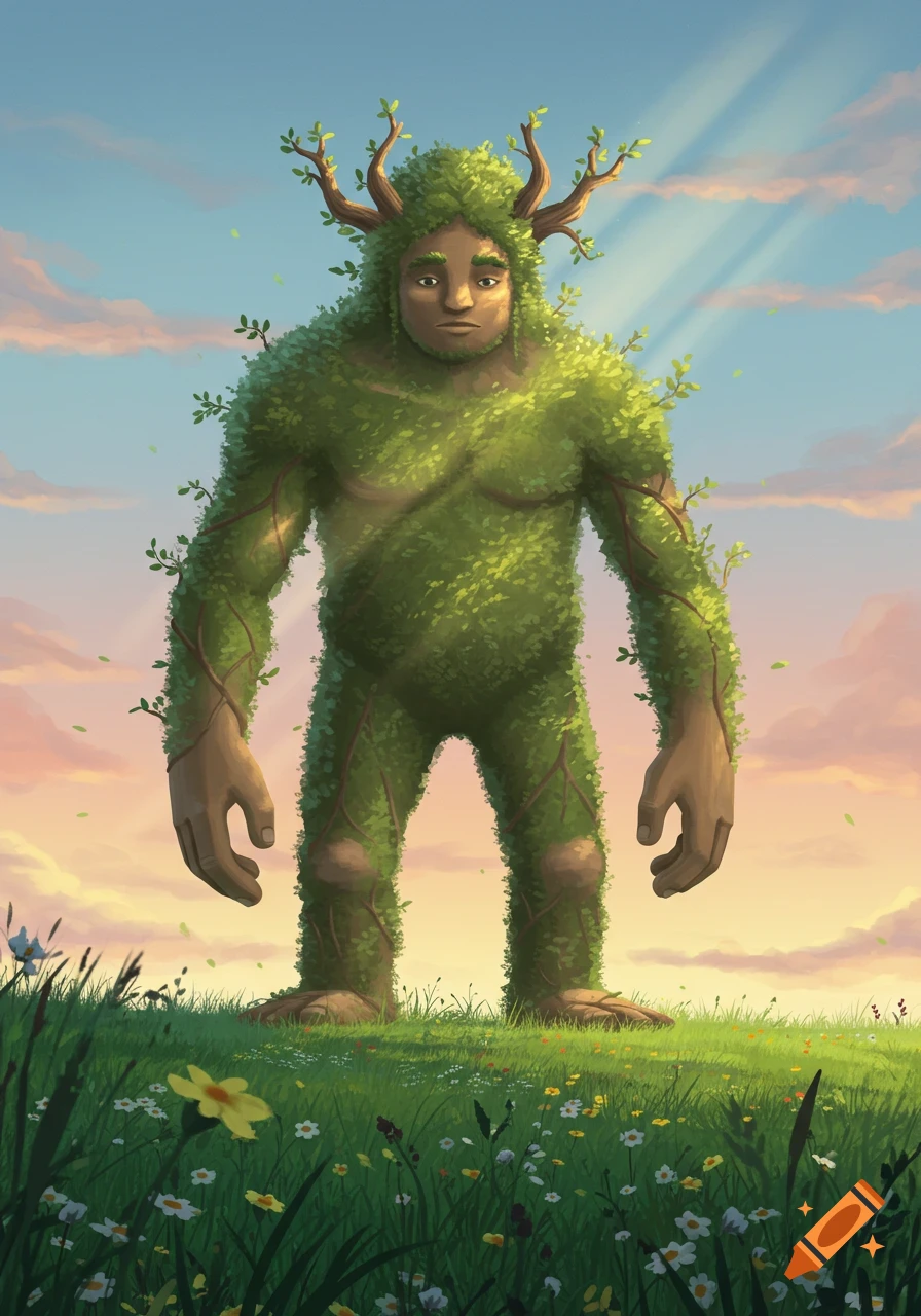 A friendly giant covered in green leaves and branches stands in a field of wildflowers under a cloudy sunset sky with sun rays.
