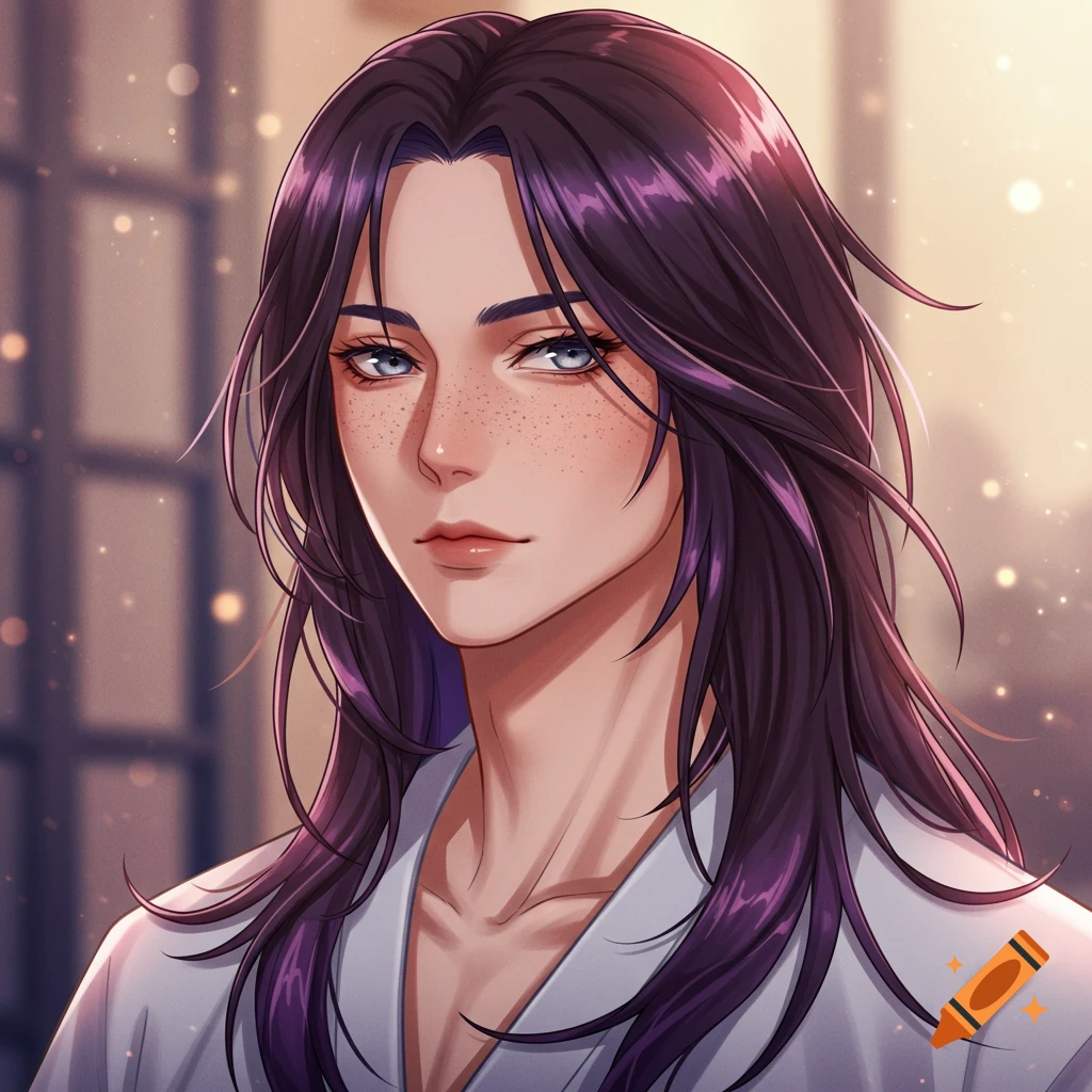 Anime bishonen man with long purple hair, grey eyes, and freckles, wearing a white robe, portrait.