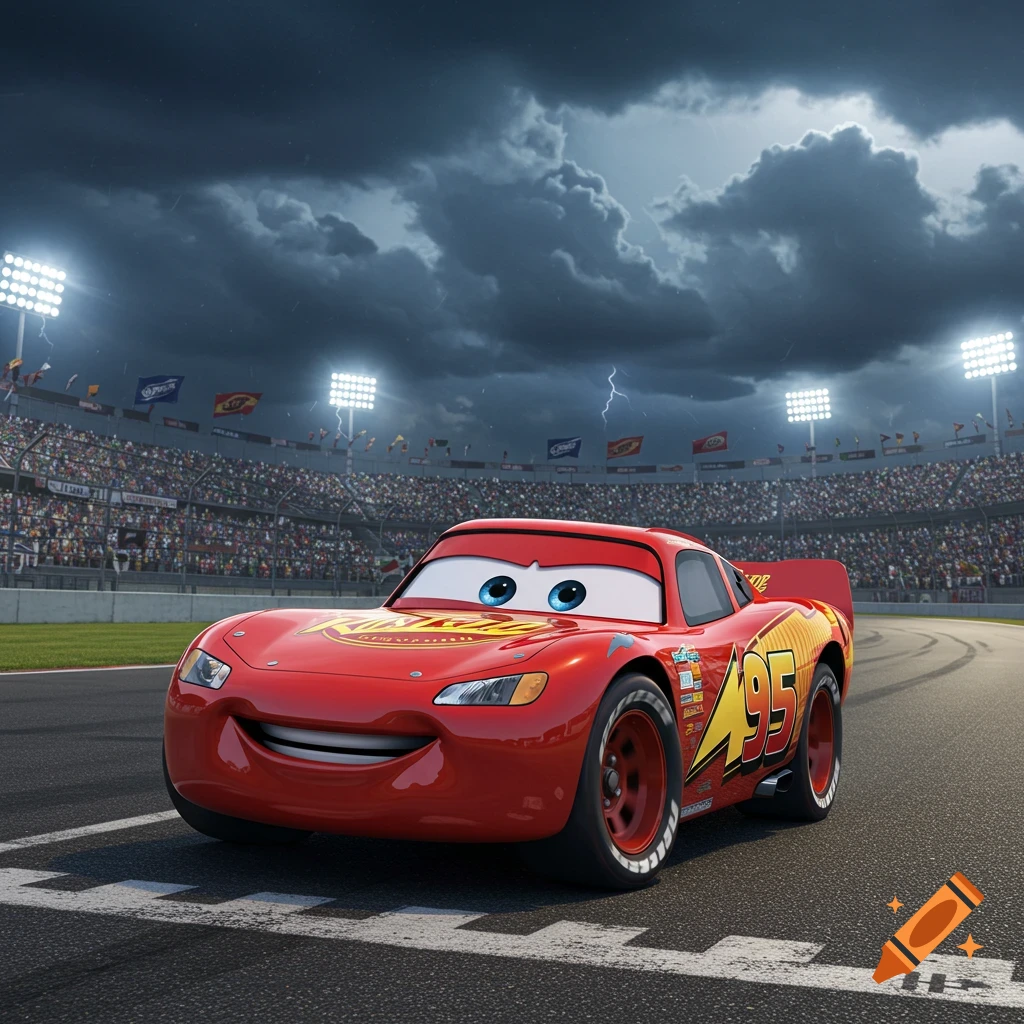 Lightning McQueen, a red animated race car, is on a stadium racetrack under a stormy sky with lightning.