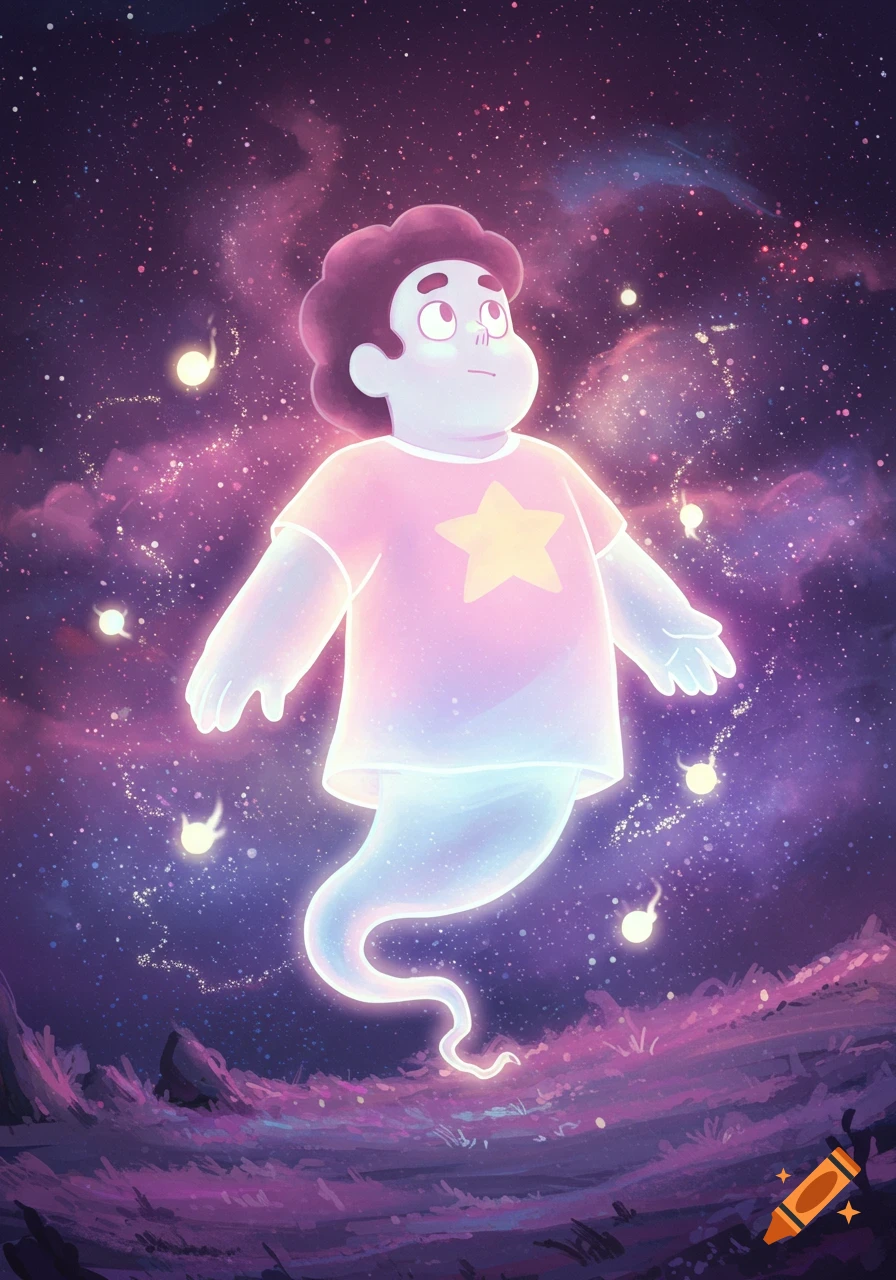 Steven Universe as a glowing ghost, floating in a purple-pink cosmic nebula with shimmering lights, in a stylized illustration.