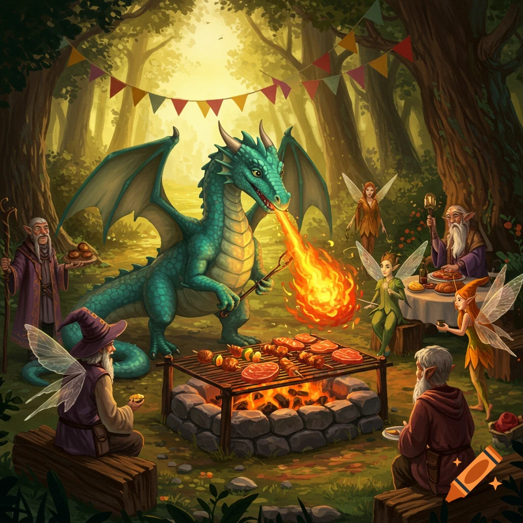 A friendly green dragon barbecues food with its fire breath for a gathering of wizards and fairies in a whimsical forest.