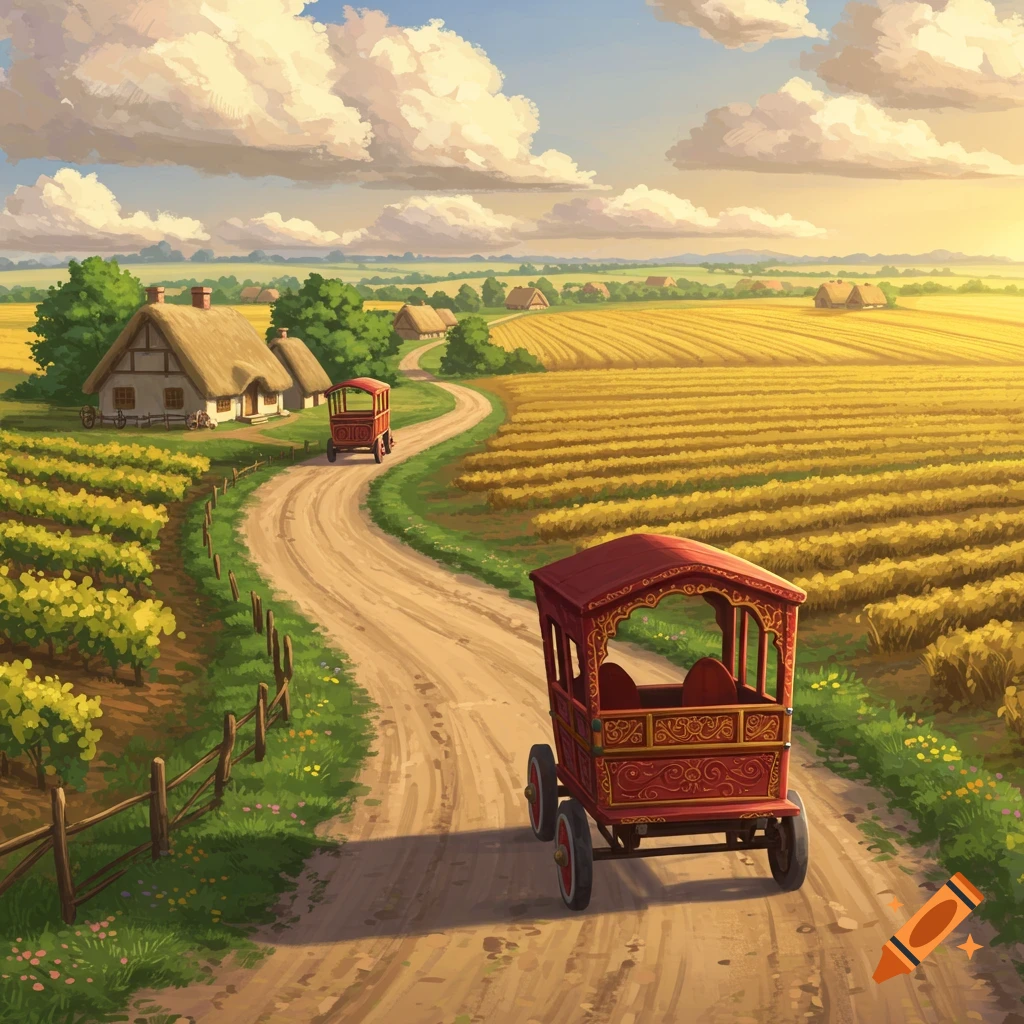 A winding dirt road with two red wagons goes through sunny cultivated fields and past thatched-roof cottages in a rural landscape.