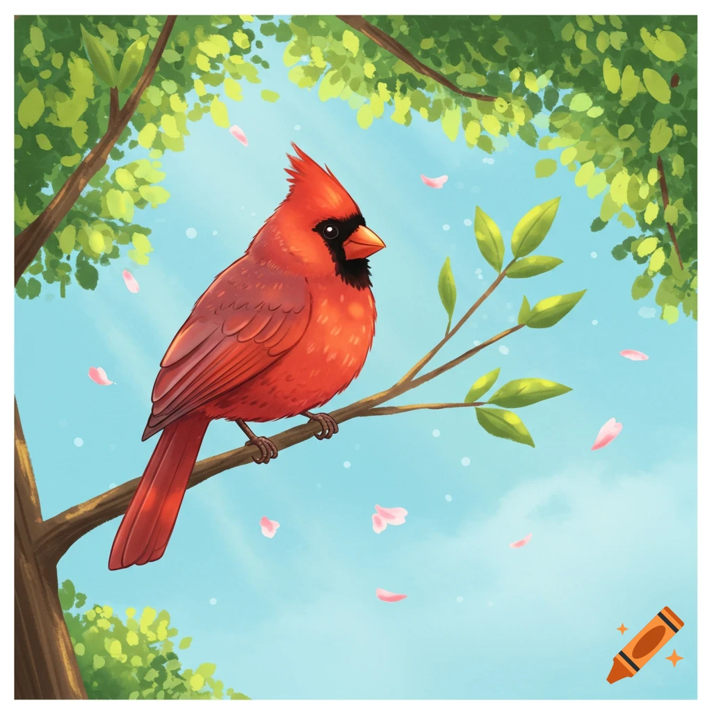 A cartoon red cardinal perches on a tree branch, with green leaves and pink petals against a blue sky.