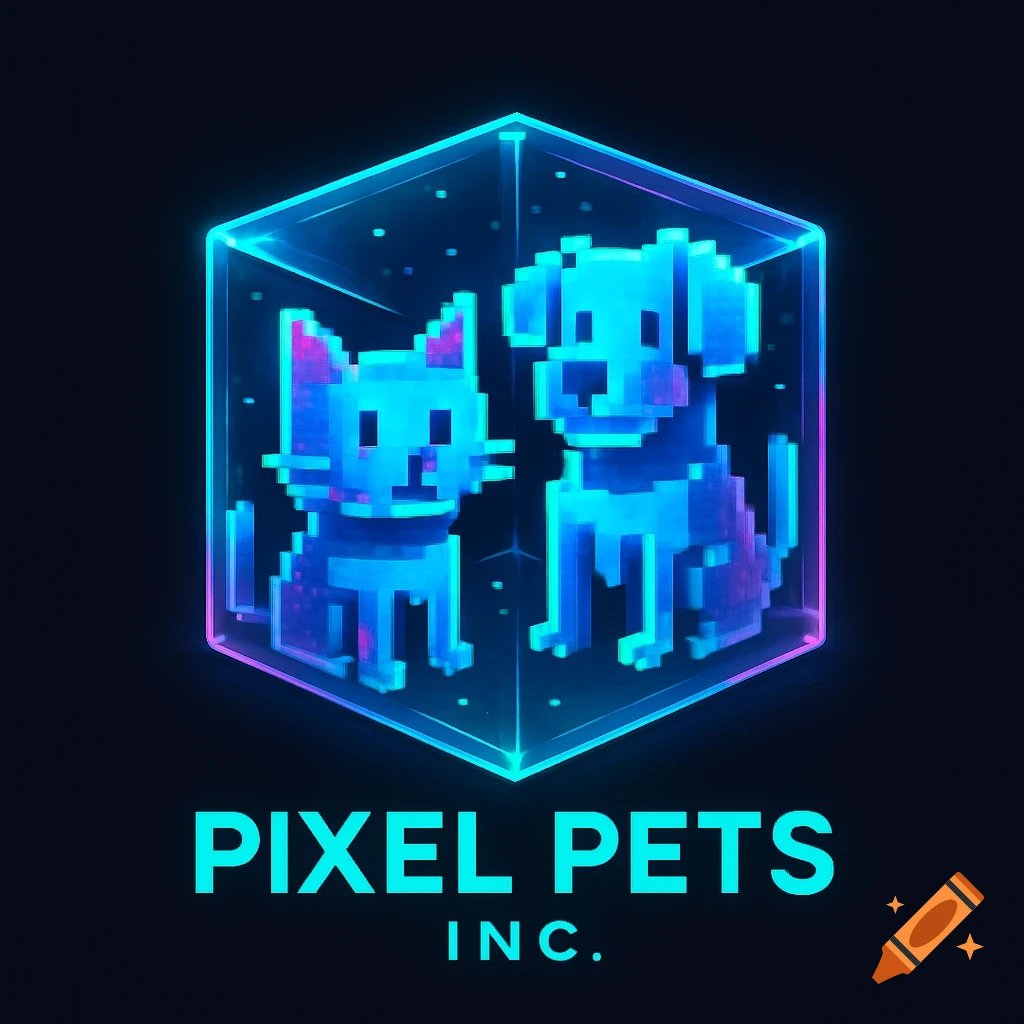A glowing digital cube holding pixelated blue and pink cat and dog figures, with 'PIXEL PETS INC.' text below.