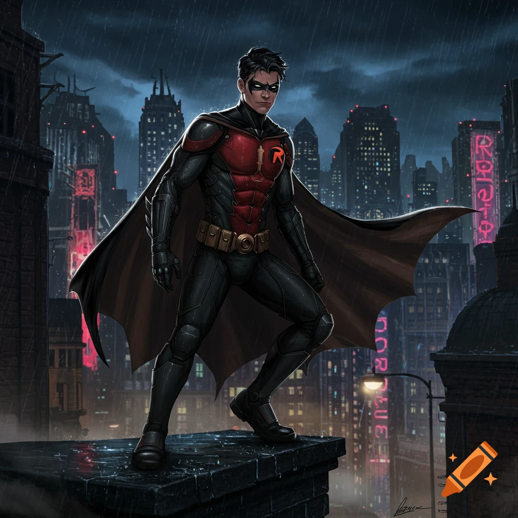 Robin, in a black and red suit with a cape, stands on a rainy rooftop overlooking a dark, neon-lit city.