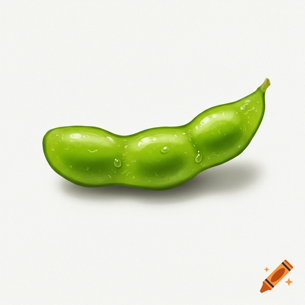 A drawing of a single bright green edamame bean with water droplets on a white background.