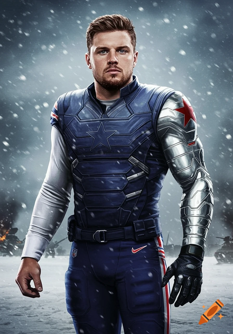 Photorealistic portrait of Josh Allen in a blue and silver Winter Soldier uniform with a snowy battlefield background.