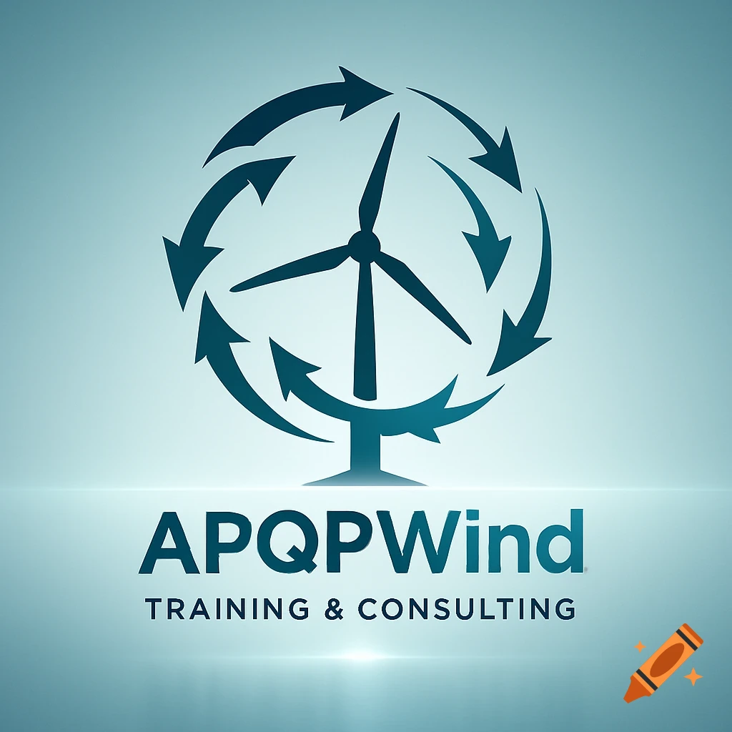 Logo for APQPWind Training & Consulting, featuring a wind turbine surrounded by arrows on a blue gradient background.