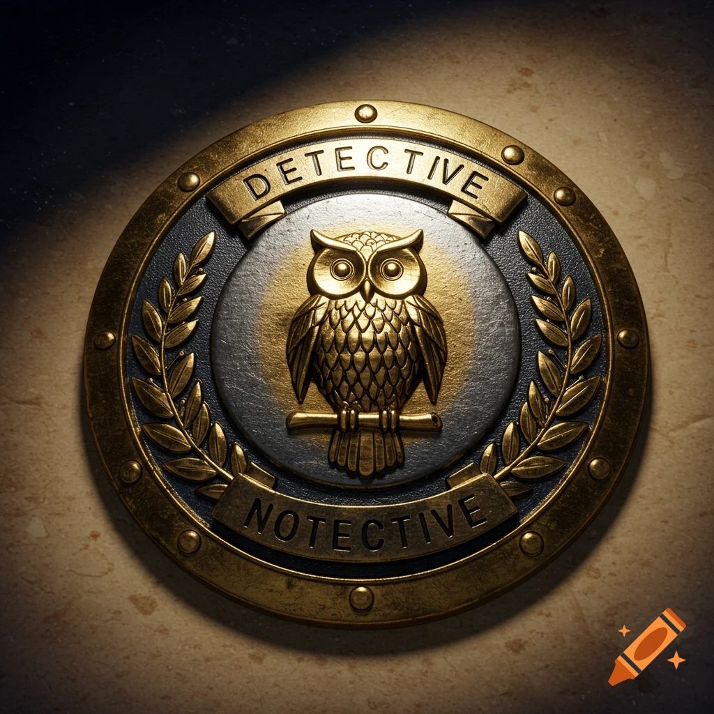 A round, ornate golden and silver badge featuring an owl, a laurel wreath, and the words 'DETECTIVE' and 'NOTECTIVE'.