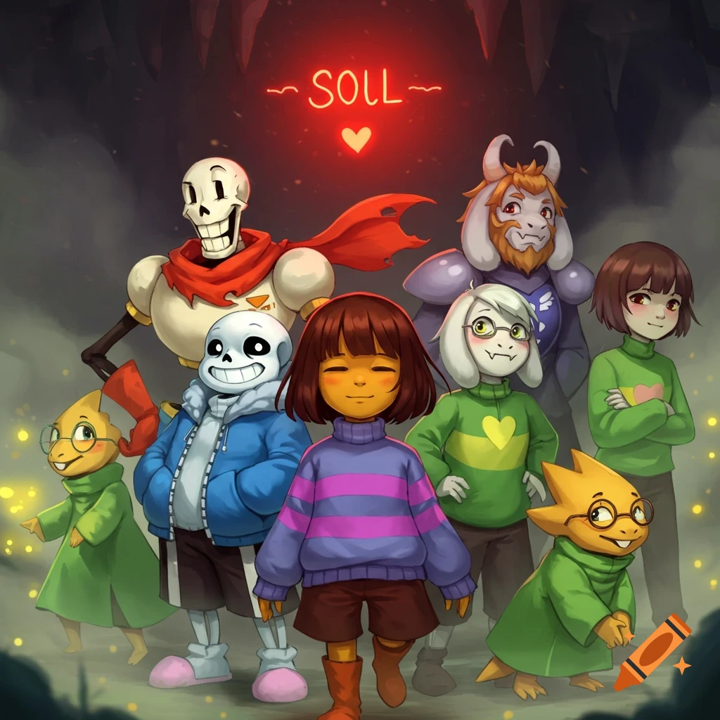 A group of Undertale characters, including Frisk, Papyrus, Sans, and Asgore, stand together smiling, under a glowing red heart.