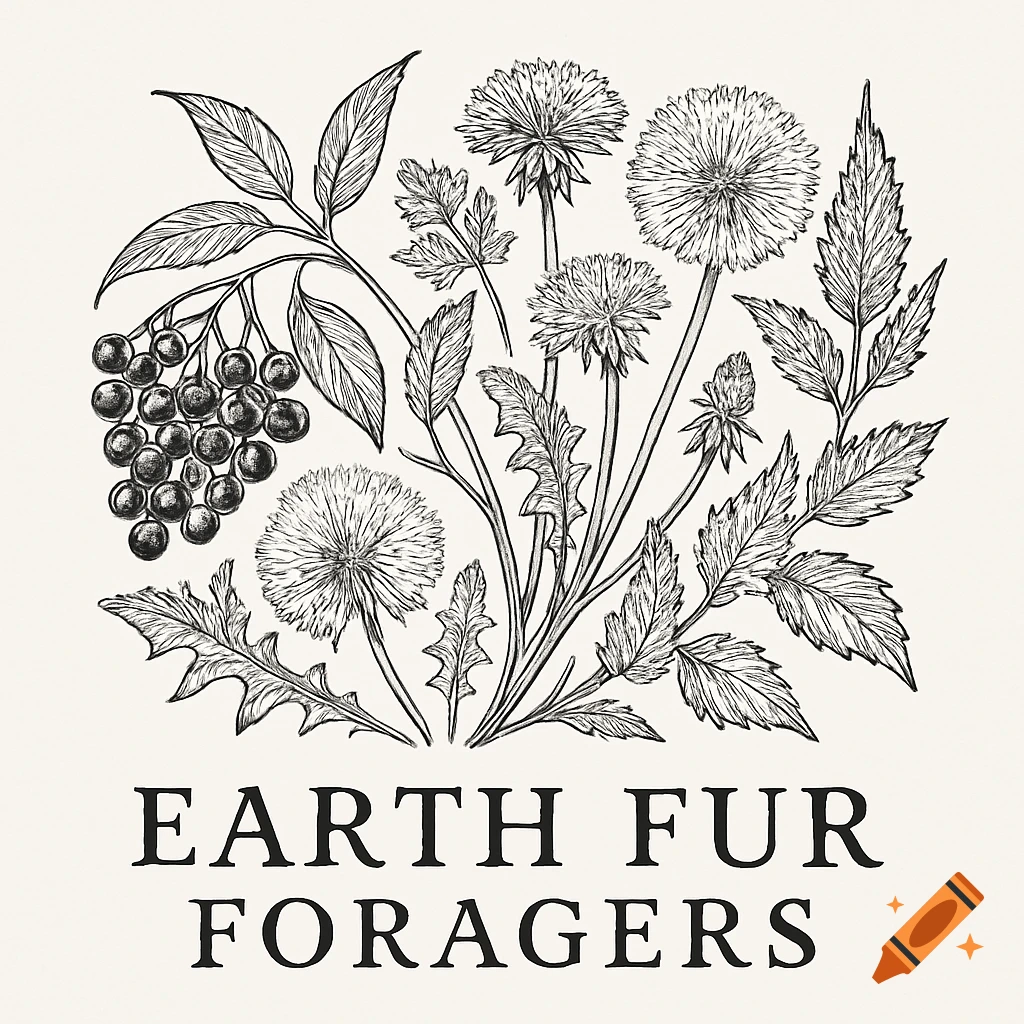 Fine line illustration of dandelions and elderberries with the text 'Earth Fur Foragers' below.