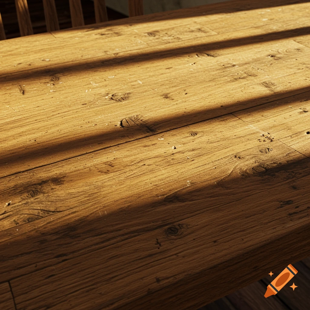 A photorealistic close-up, top view of a rustic wooden table with warm natural light and distinct shadows.