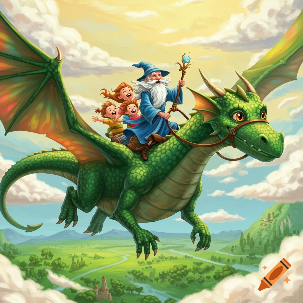 A wizard and three happy children fly through the sky on the back of a friendly green dragon, over a vibrant green landscape, in an illustrative style.