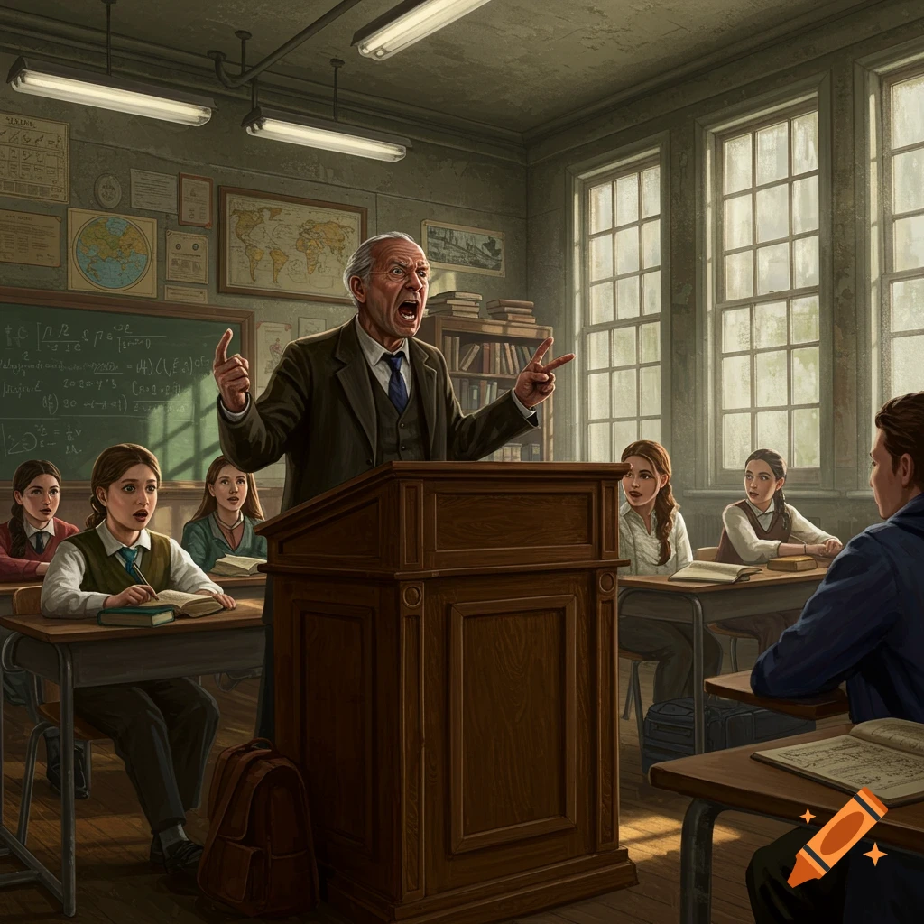 An old, angry teacher yells from behind a wooden podium to students in a dimly lit, vintage-style classroom with large windows, maps, and a blackboard.