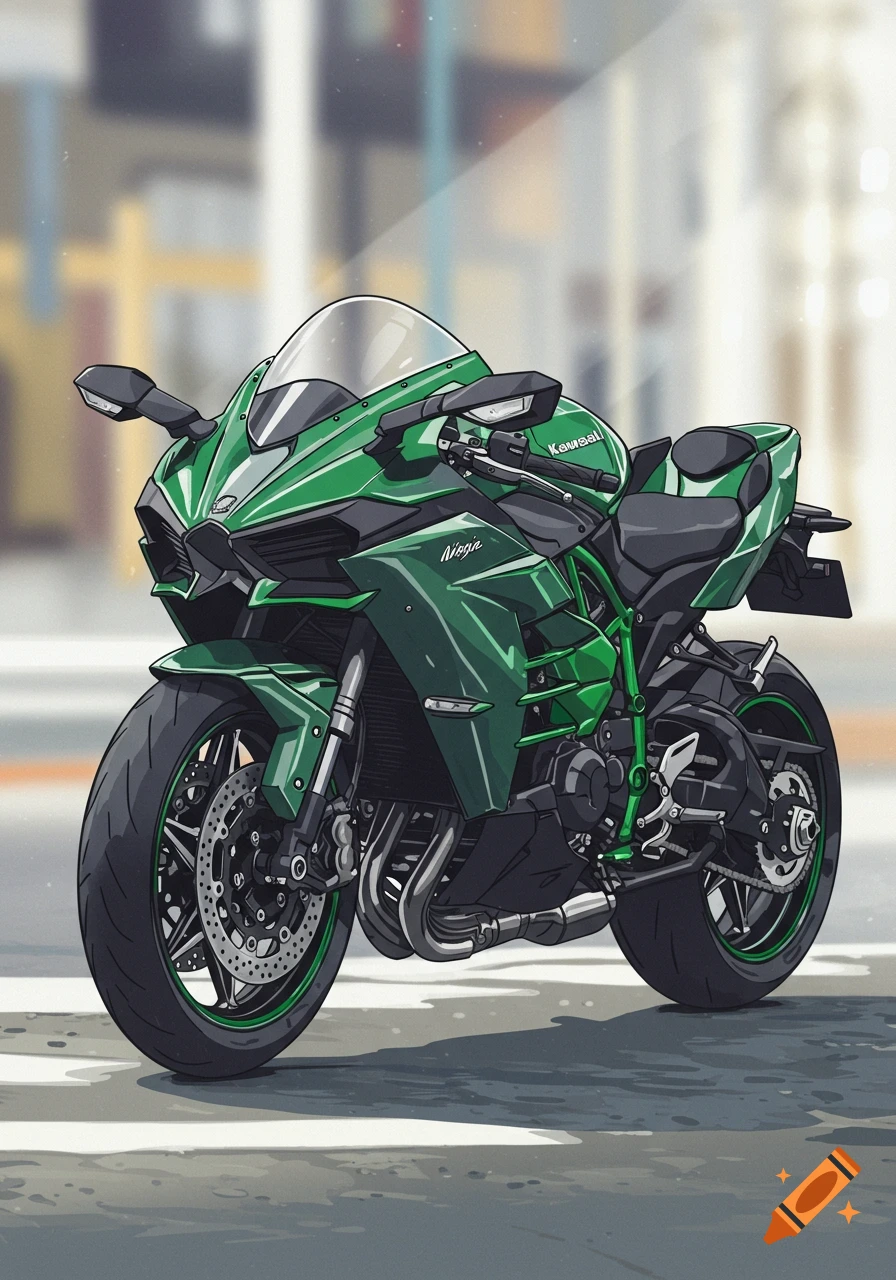A vibrant green Kawasaki Ninja H2R motorcycle, rendered in a stylized paint-by-numbers fashion, parked on an urban street.