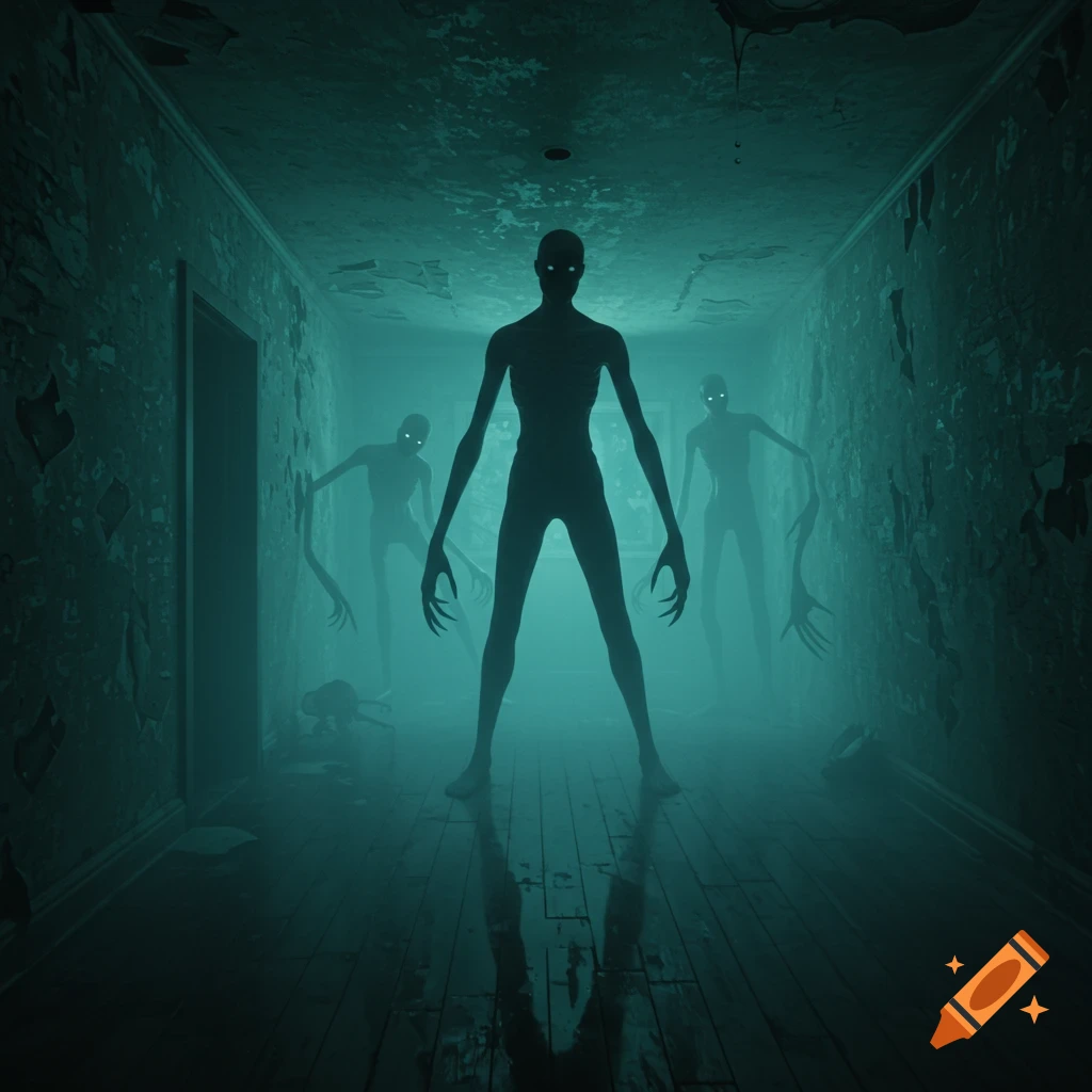 Three shadowy, distorted humanoid figures with glowing eyes stand in a dark, foggy, dilapidated hallway, creating an eerie horror scene.