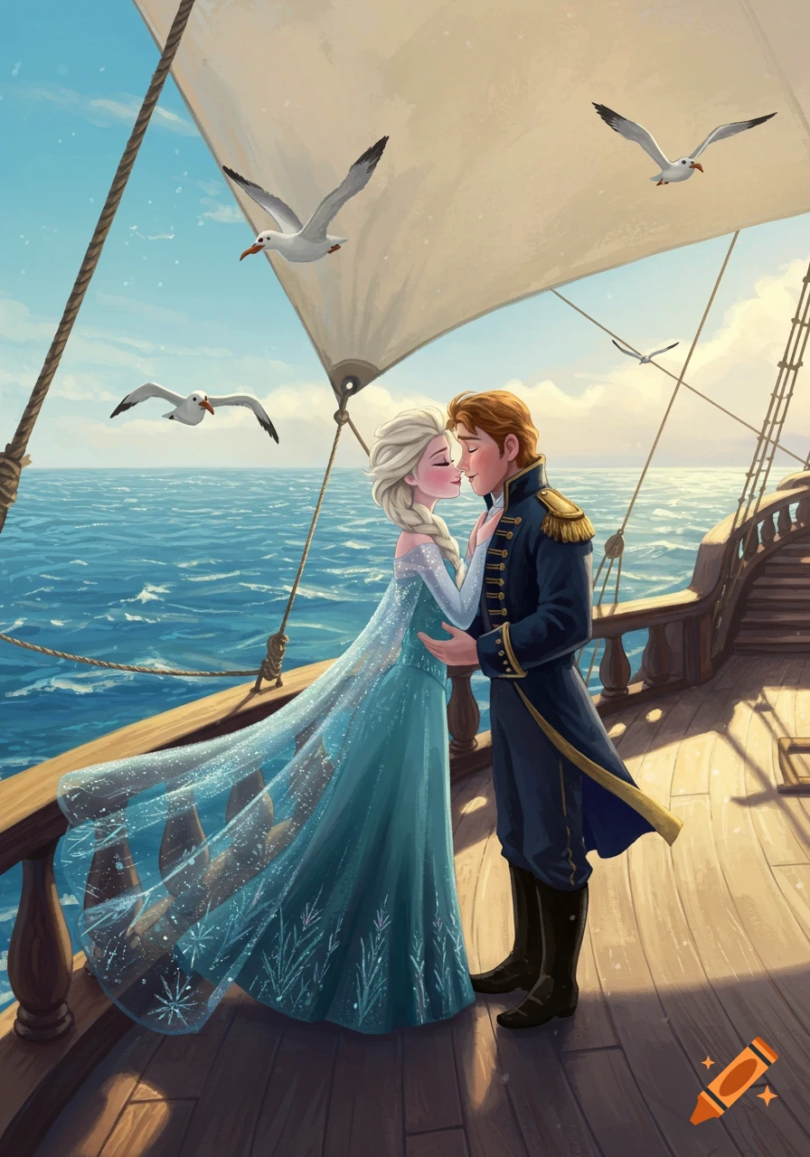 Elsa and Hans from Frozen share a romantic kiss on the deck of a sailing ship on the ocean with seagulls.