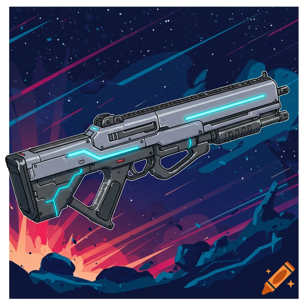 A cartoon-style futuristic assault rifle with blue glowing accents floats in a starry space background with meteors and glowing debris.