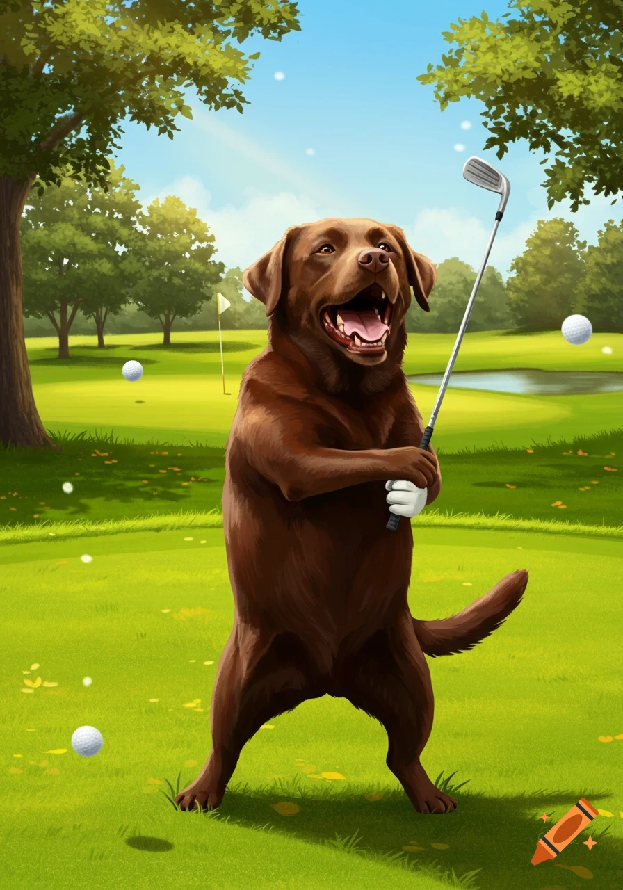 A happy chocolate Labrador dog stands upright, holding a golf club, on a green golf course with golf balls and a pond.
