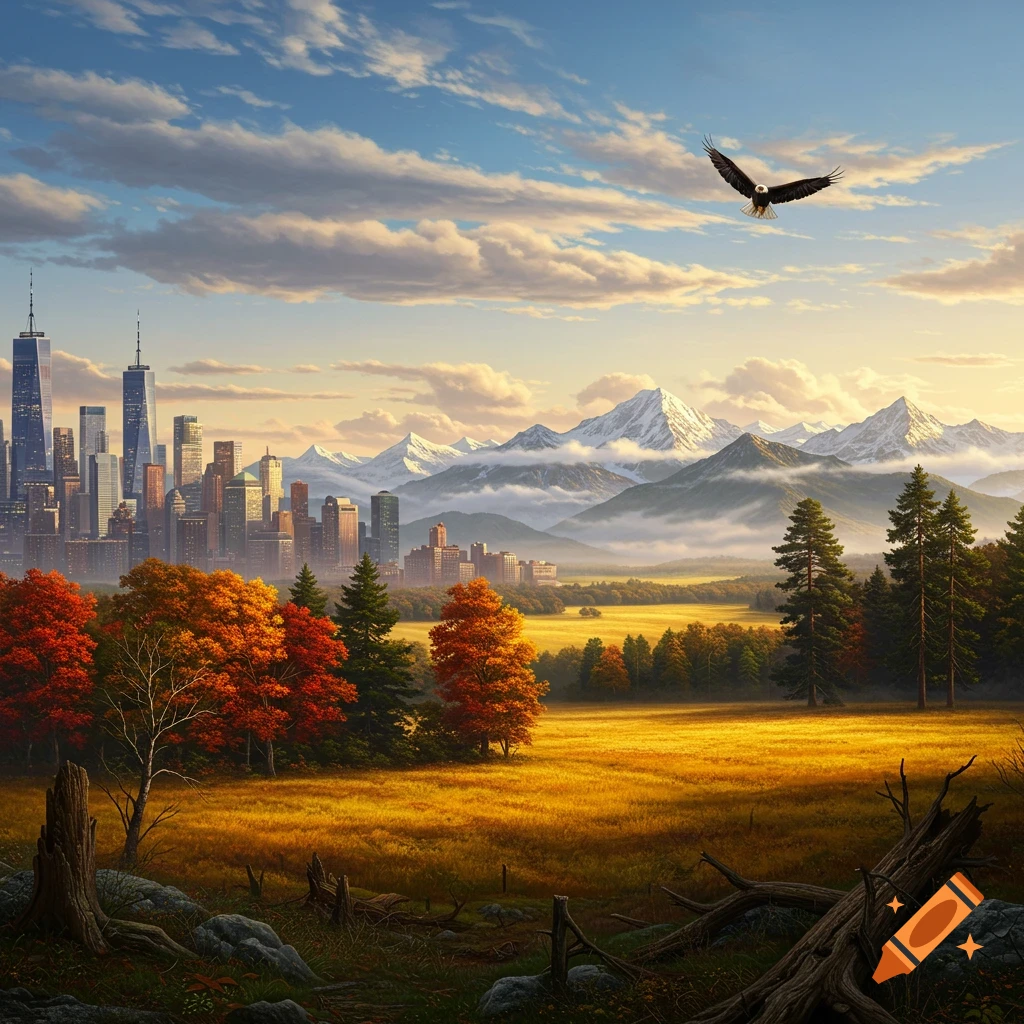 Photorealistic autumn landscape with a city skyline, misty mountains, golden fields, and an eagle soaring under a cloudy sky.