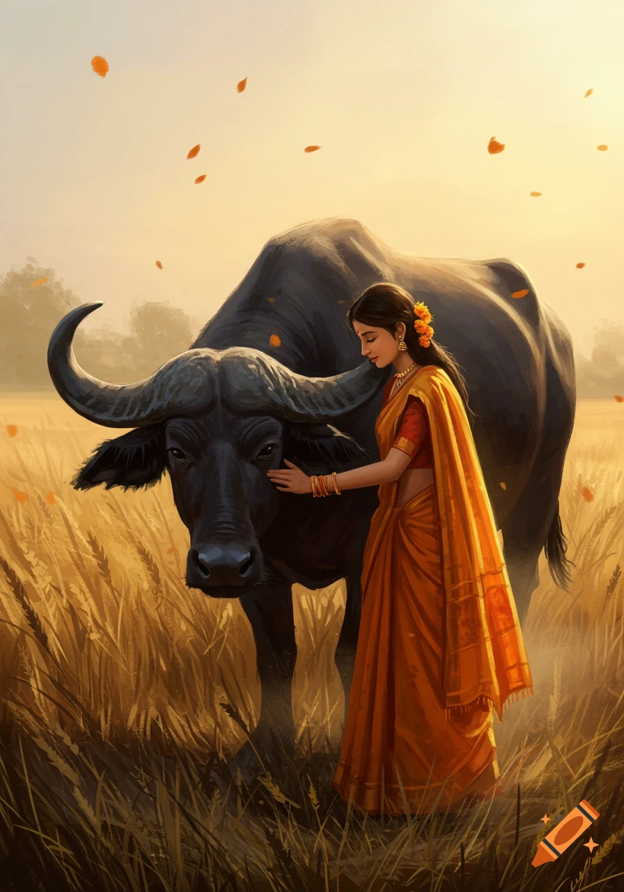 Digital painting of an Indian woman in a sari gently touching a buffalo's face in a golden field at sunset.