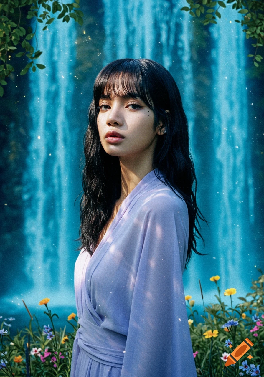 A woman with dark hair and bangs wearing a lavender dress stands in front of a blue waterfall, surrounded by green leaves and colorful flowers.