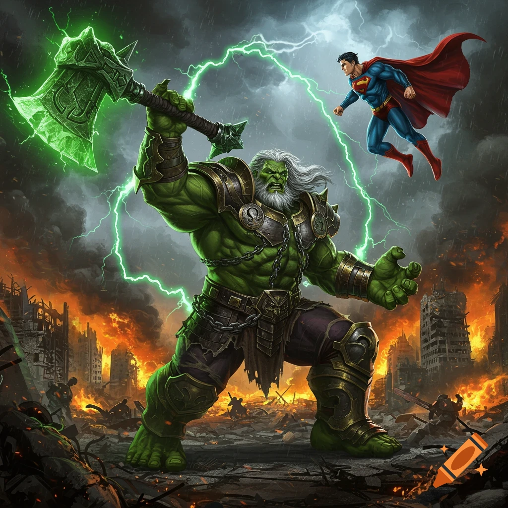 World War Hulk with white hair and green axe confronts Superman mid-air over a ruined, burning city with green lightning. Comic art style.