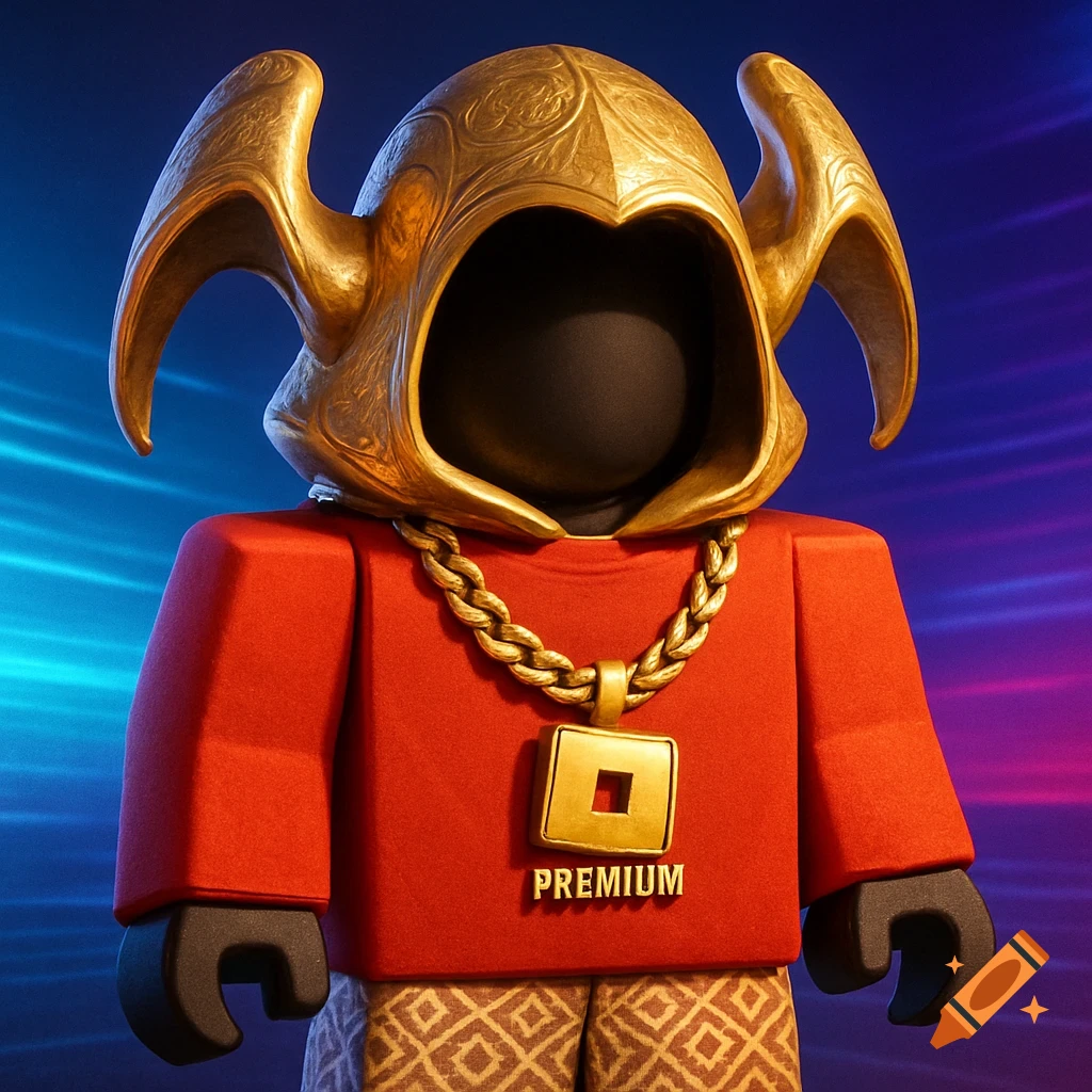 Roblox character in a red shirt, gold Dominus hood, and gold chain with a 'PREMIUM' logo on the chest.