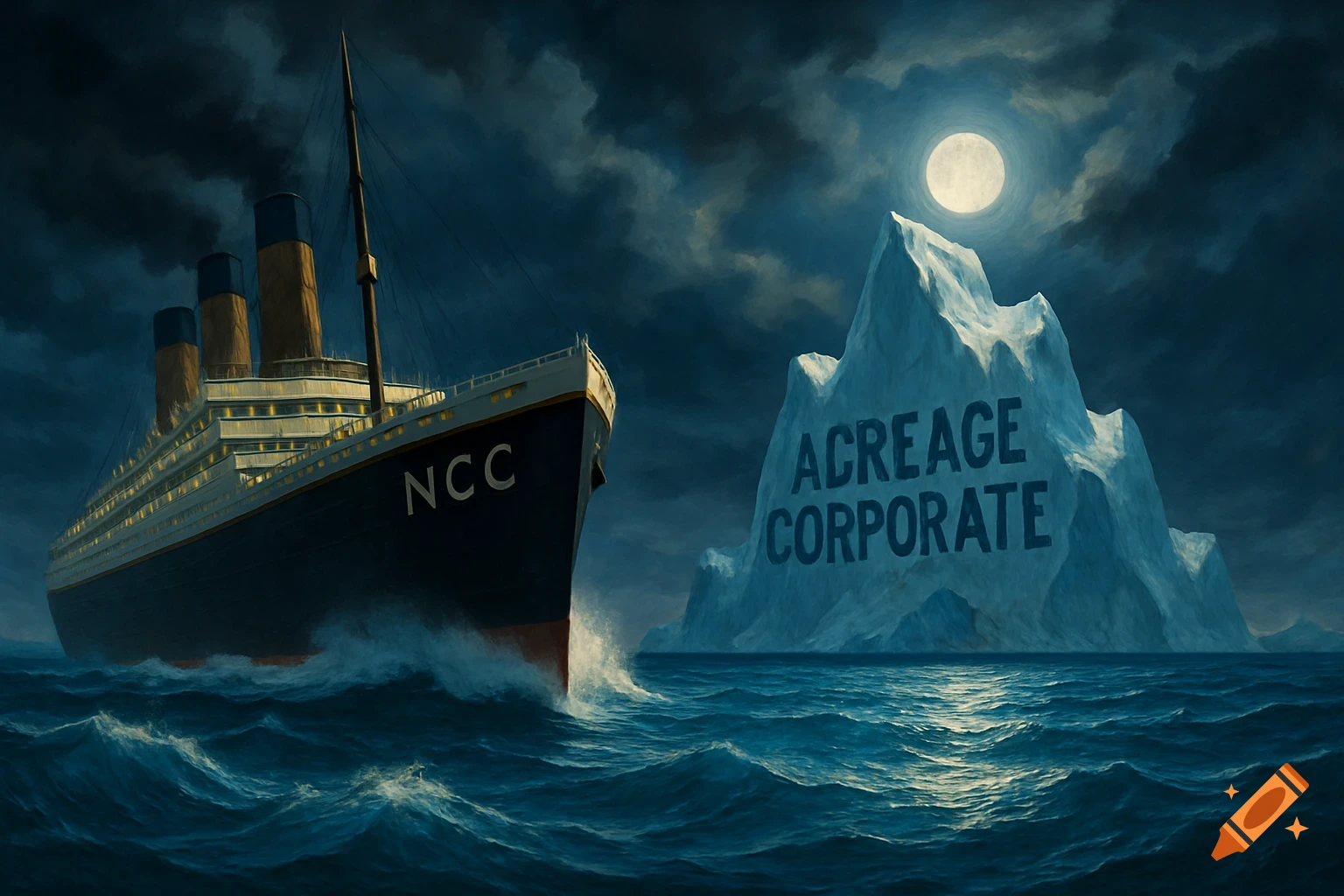 An ocean liner named NCC sails through dark, stormy seas towards a large iceberg named Acreage Corporate under a full moon.