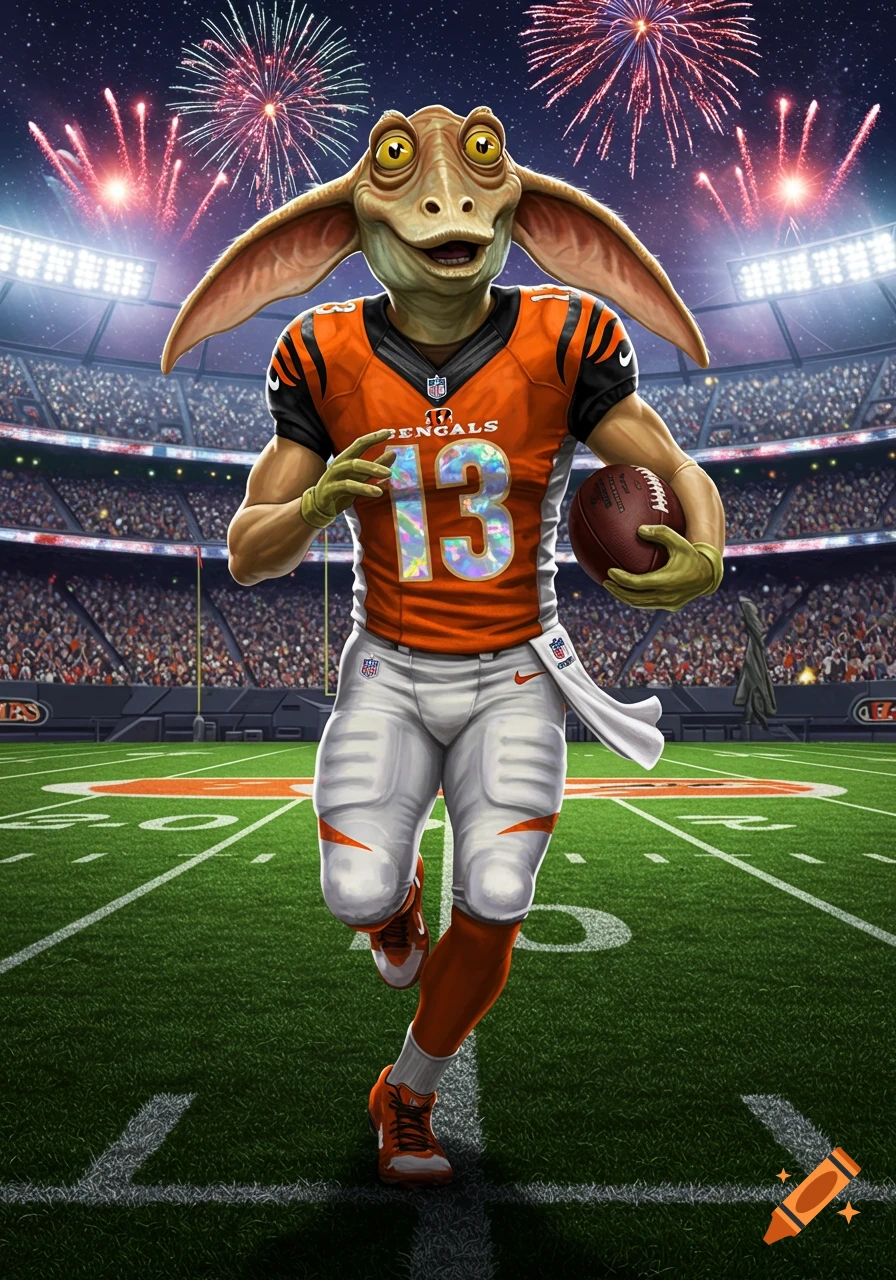Jar Jar Binks in a Cincinnati Bengals football uniform holding a football on a stadium field with fireworks.