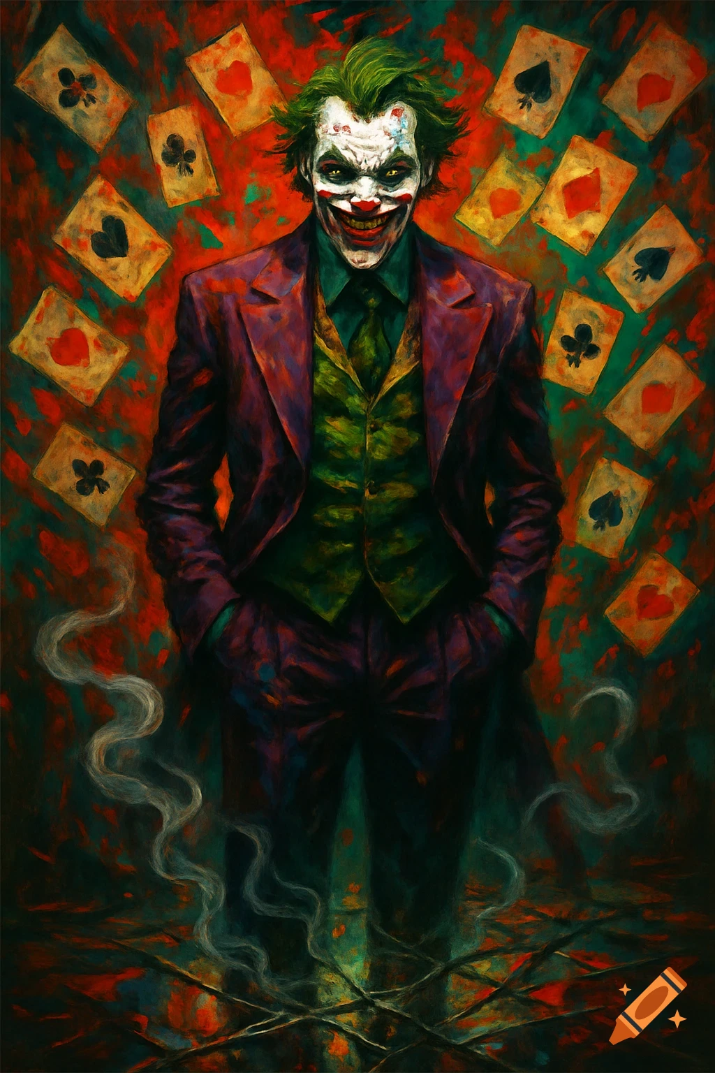 Painterly portrait of the Joker with green hair, pale face, wide red smile, purple suit, surrounded by playing cards.