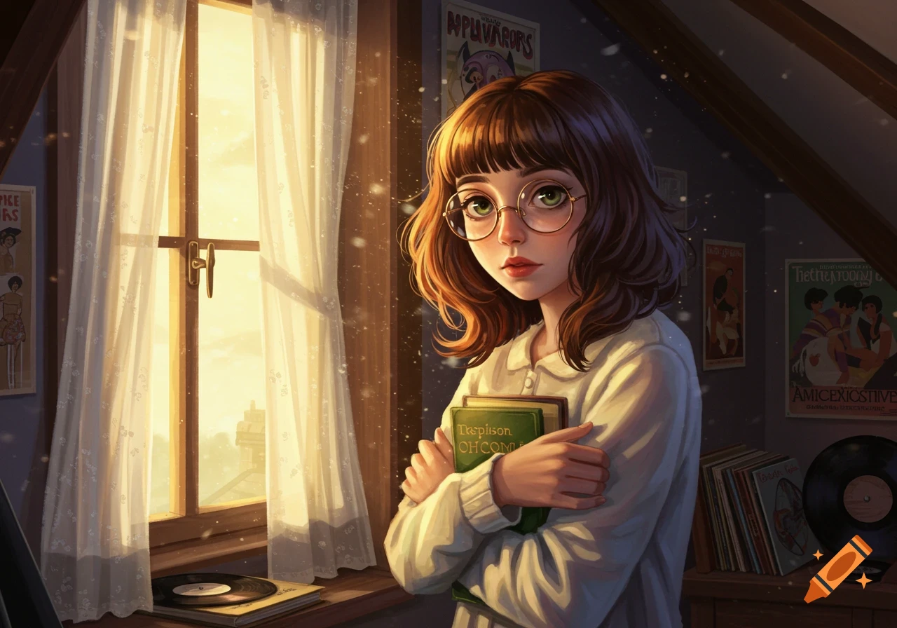 Digital art of a girl with bangs and glasses holding books by a sunlit window in a cozy room.