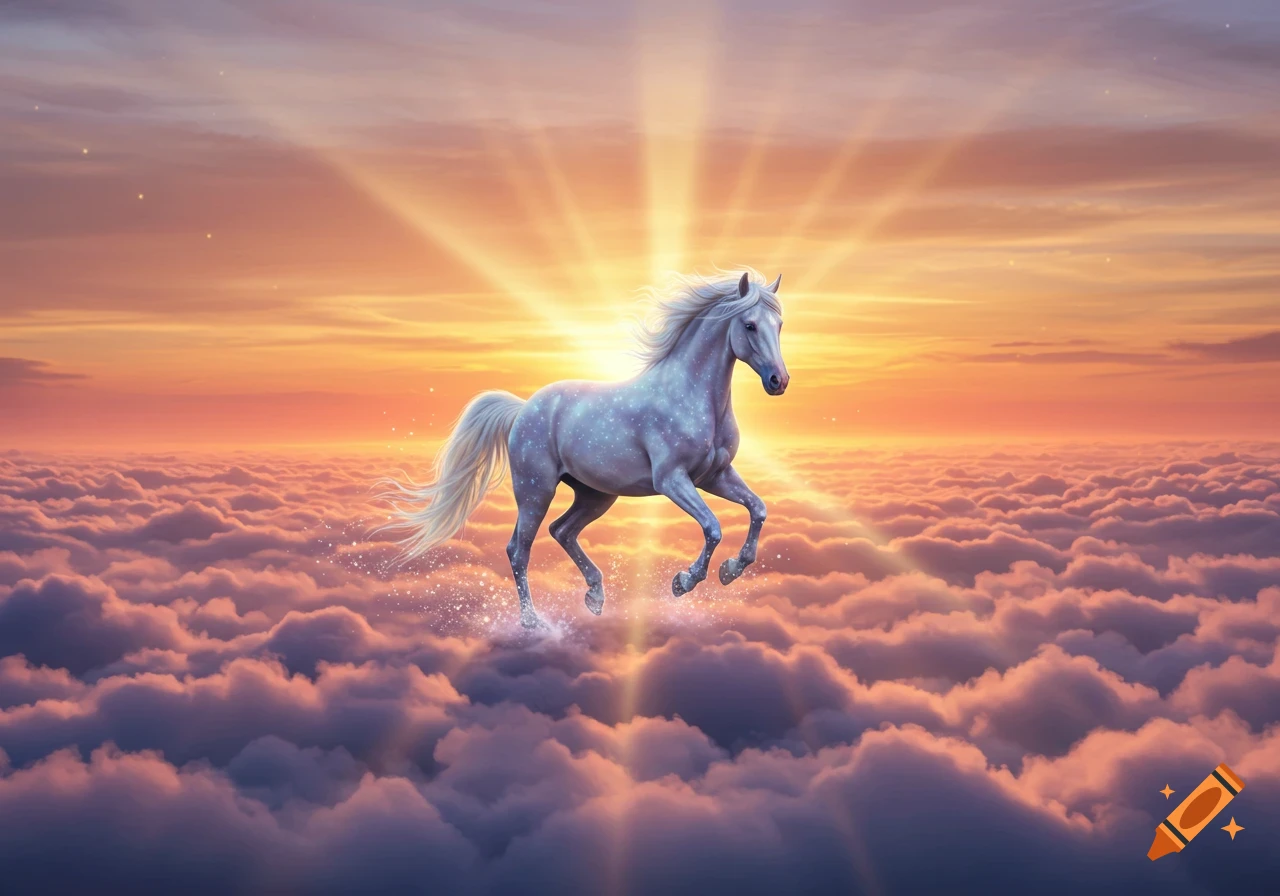 A majestic white horse with sparkling spots runs on fluffy clouds against a vibrant sunset sky with sunrays.