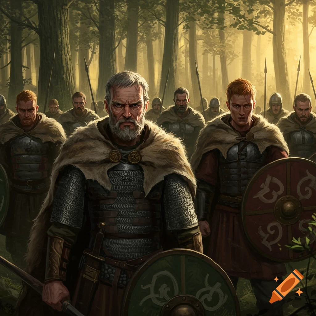 A group of ancient Goth warriors, led by an older man and a red-haired lieutenant, stand in a deep, dark forest at sunset.