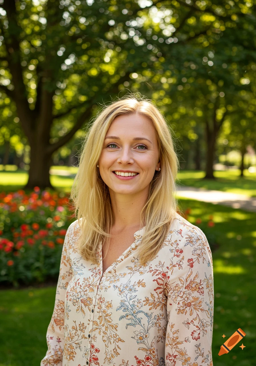 A smiling blonde woman in a floral shirt poses in a lush park with trees and red flowers.