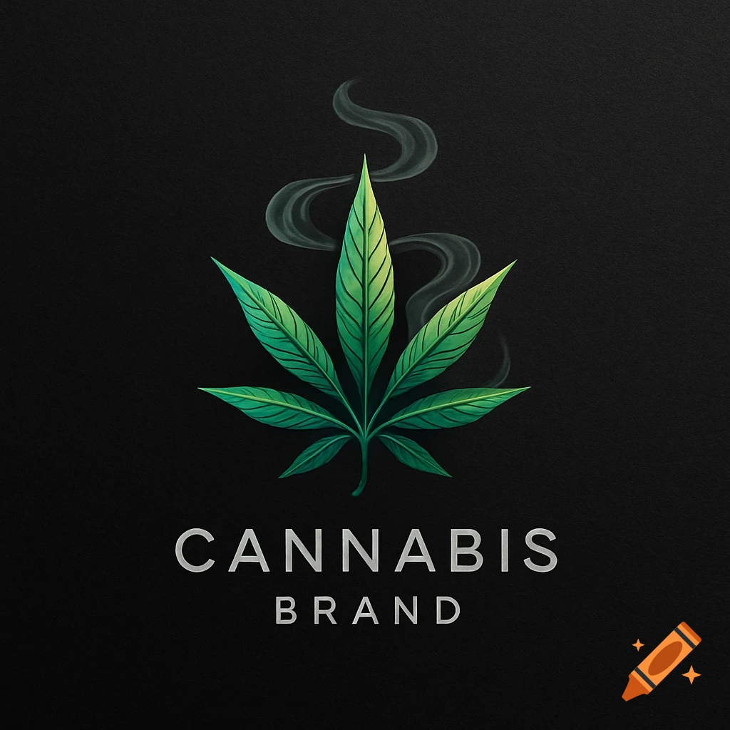 Stylized green cannabis leaf logo with smoke, and 'CANNABIS BRAND' text on a dark background.