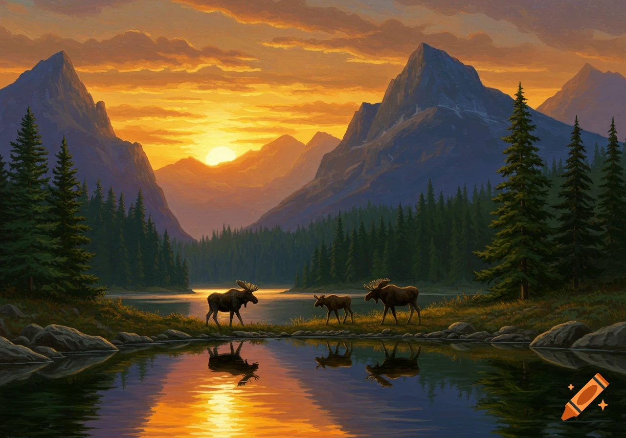 A painterly landscape shows three moose by a tranquil lake with mountains and pine trees at sunset.