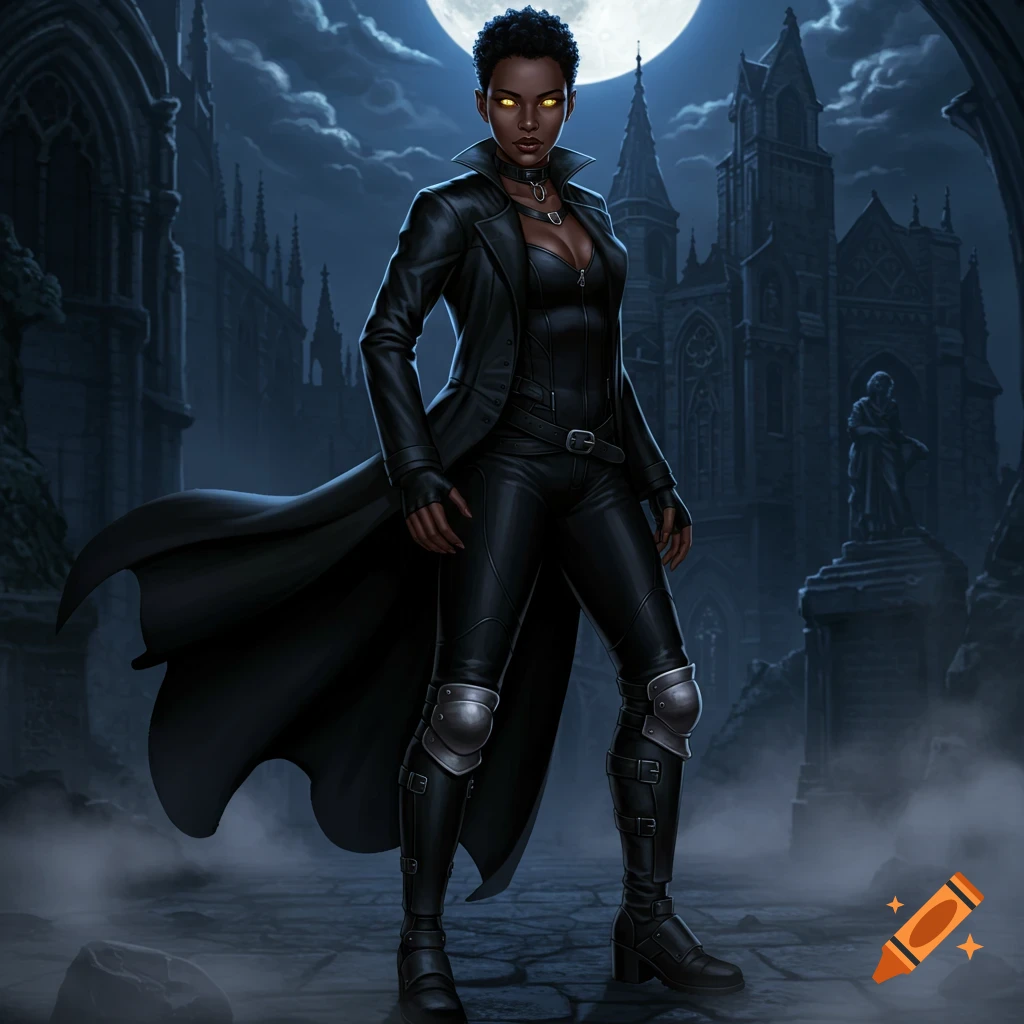 Digital illustration of an African-American dhampir in black leather and duster coat, with golden eyes, standing before a gothic castle under a full moon.