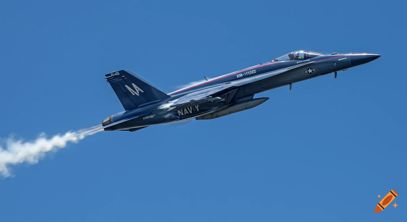 A navy blue F/A-18 Hornet fighter jet with red accents soars through a clear blue sky, leaving a smoke trail.