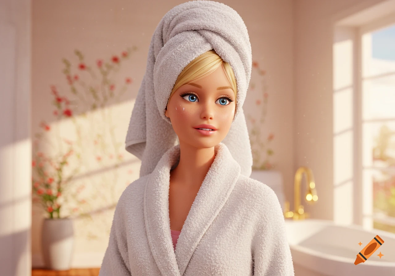 Blonde Barbie doll in a white fluffy bathrobe and towel on her head, with light makeup, standing in a sunny bathroom.