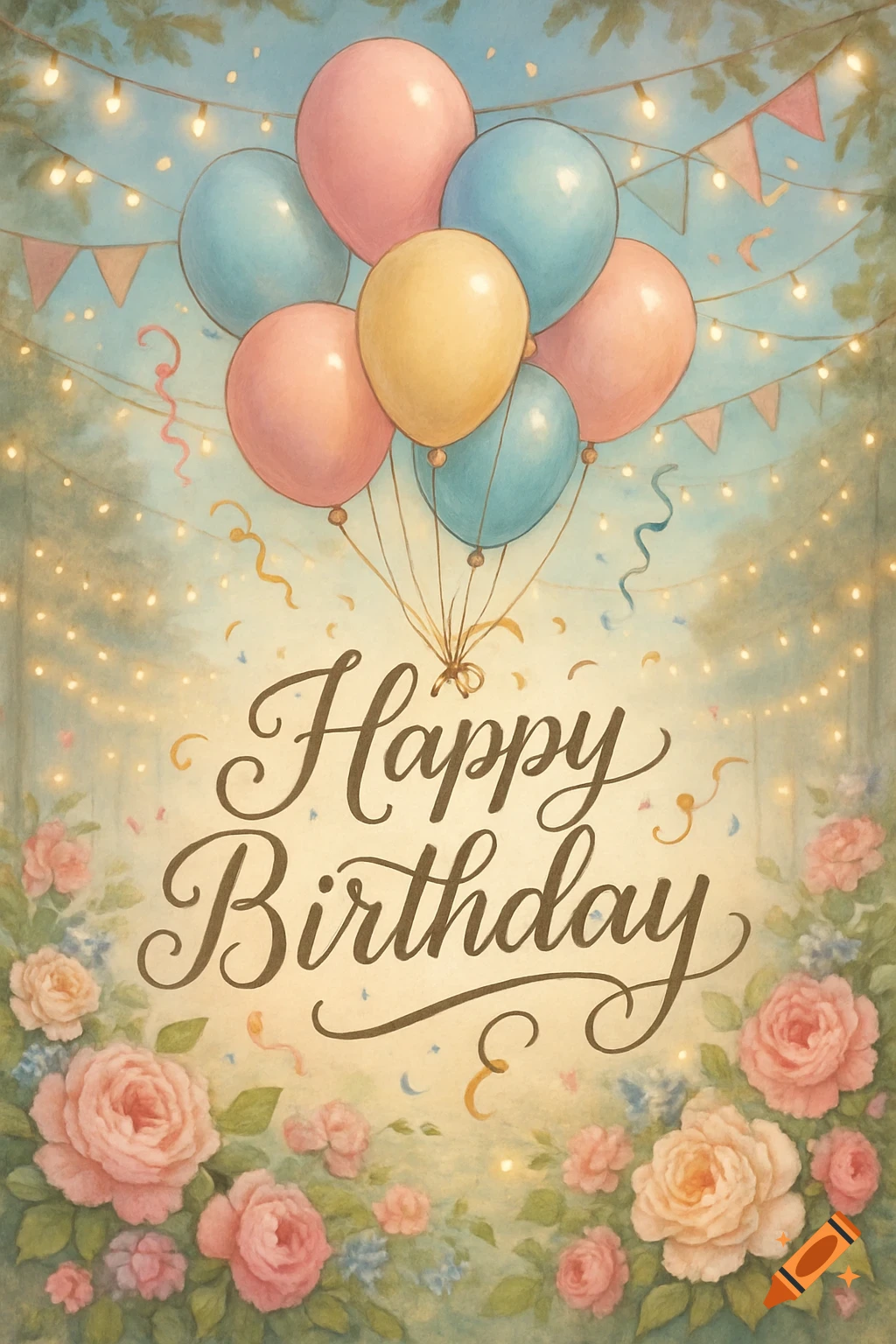 Whimsical Happy Birthday greeting card with pastel balloons, string lights, and pink roses, in a painterly style.