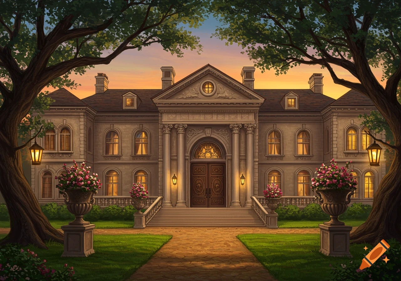 A grand, classical mansion at sunset, with a paved path, green lawn, large trees, and flower urns.