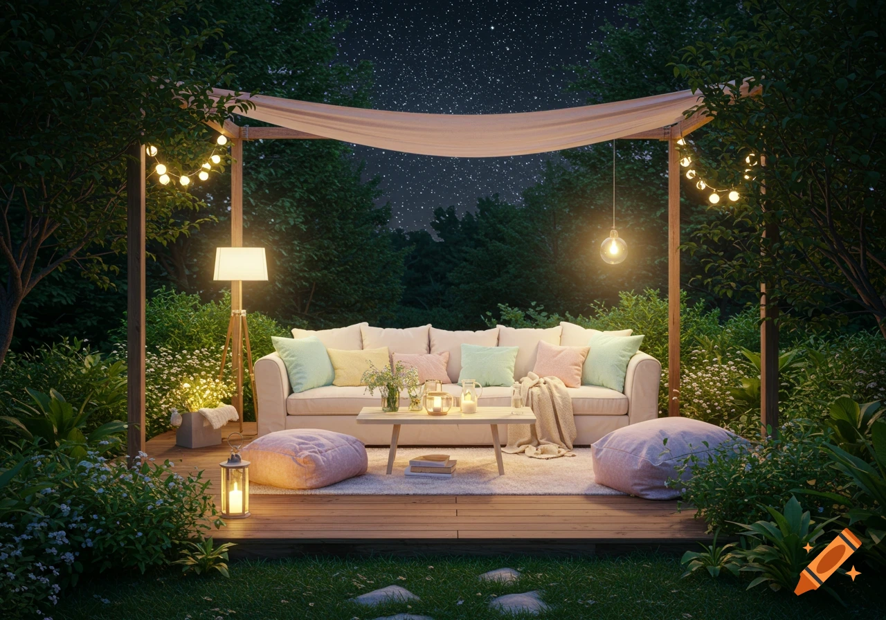A cozy outdoor living room at night with a beige sofa, pastel cushions, string lights, and candles on a wooden deck surrounded by lush greenery under a starry sky.