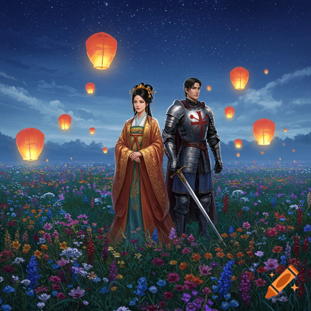 A Chinese princess and a medieval knight stand in a vibrant flower field beneath a starry night sky with many glowing sky lanterns.
