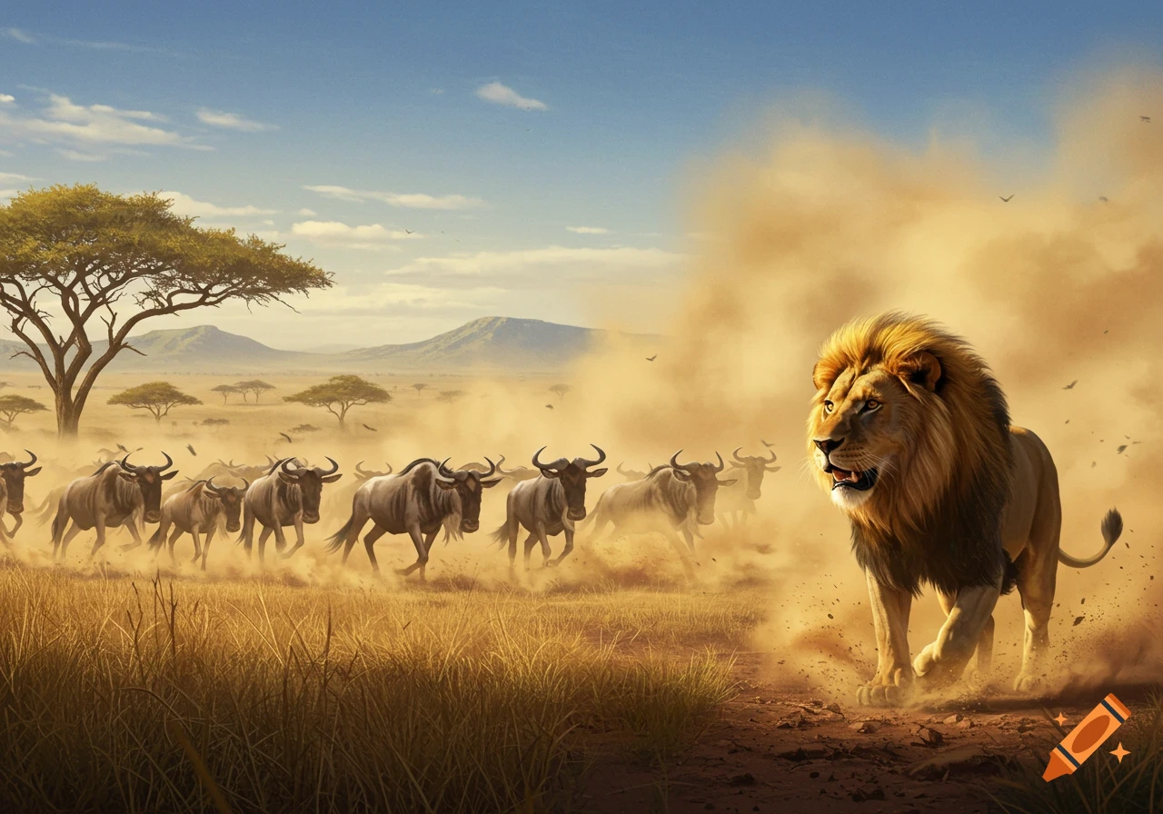A powerful lion stalks a herd of wildebeest kicking up dust in a sunny African savanna landscape.