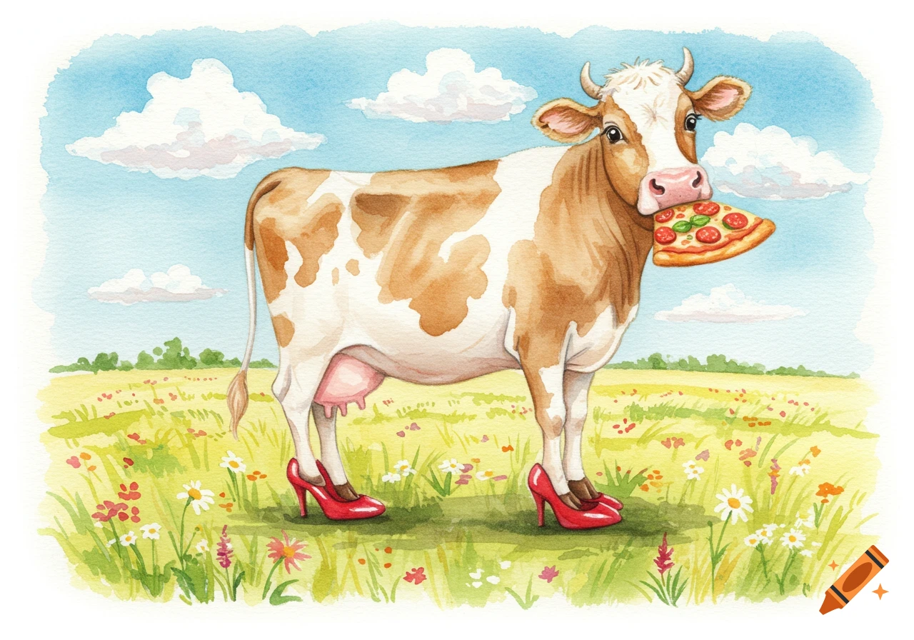 Watercolor painting of a cow eating pizza in a field while wearing red high heels.