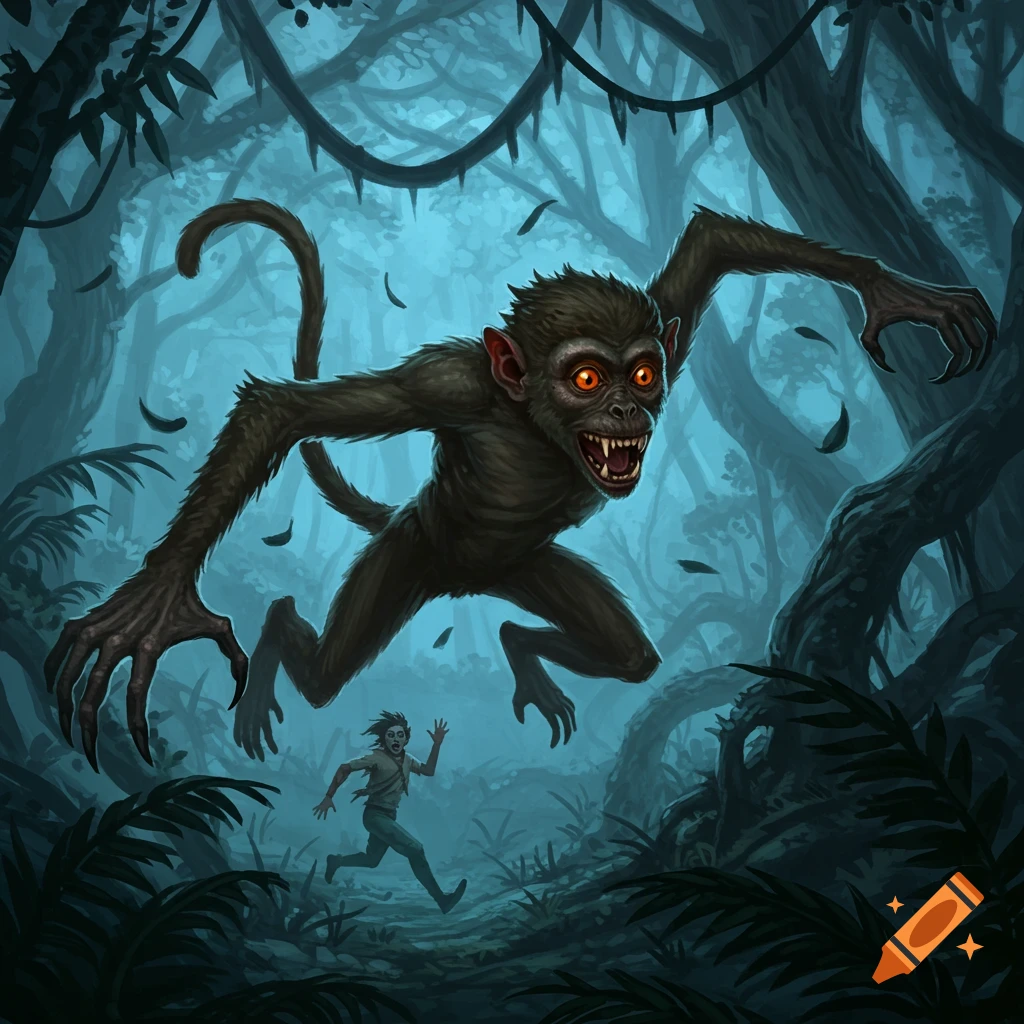 A monstrous chupacabra monkey with glowing red eyes chases a terrified person through a dark, eerie jungle in a digital illustration.