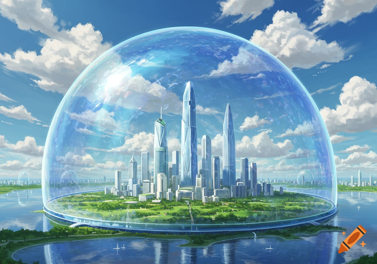 A futuristic city with tall skyscrapers enclosed within a transparent glass dome, surrounded by green landscape and water under a blue sky.