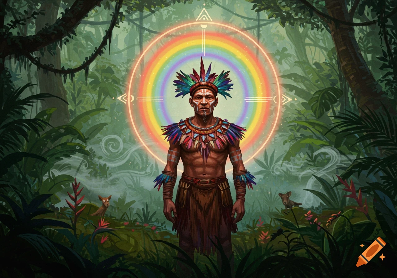 A tribal man with a feather headdress and colorful jewelry stands in a lush jungle, framed by a glowing rainbow halo.