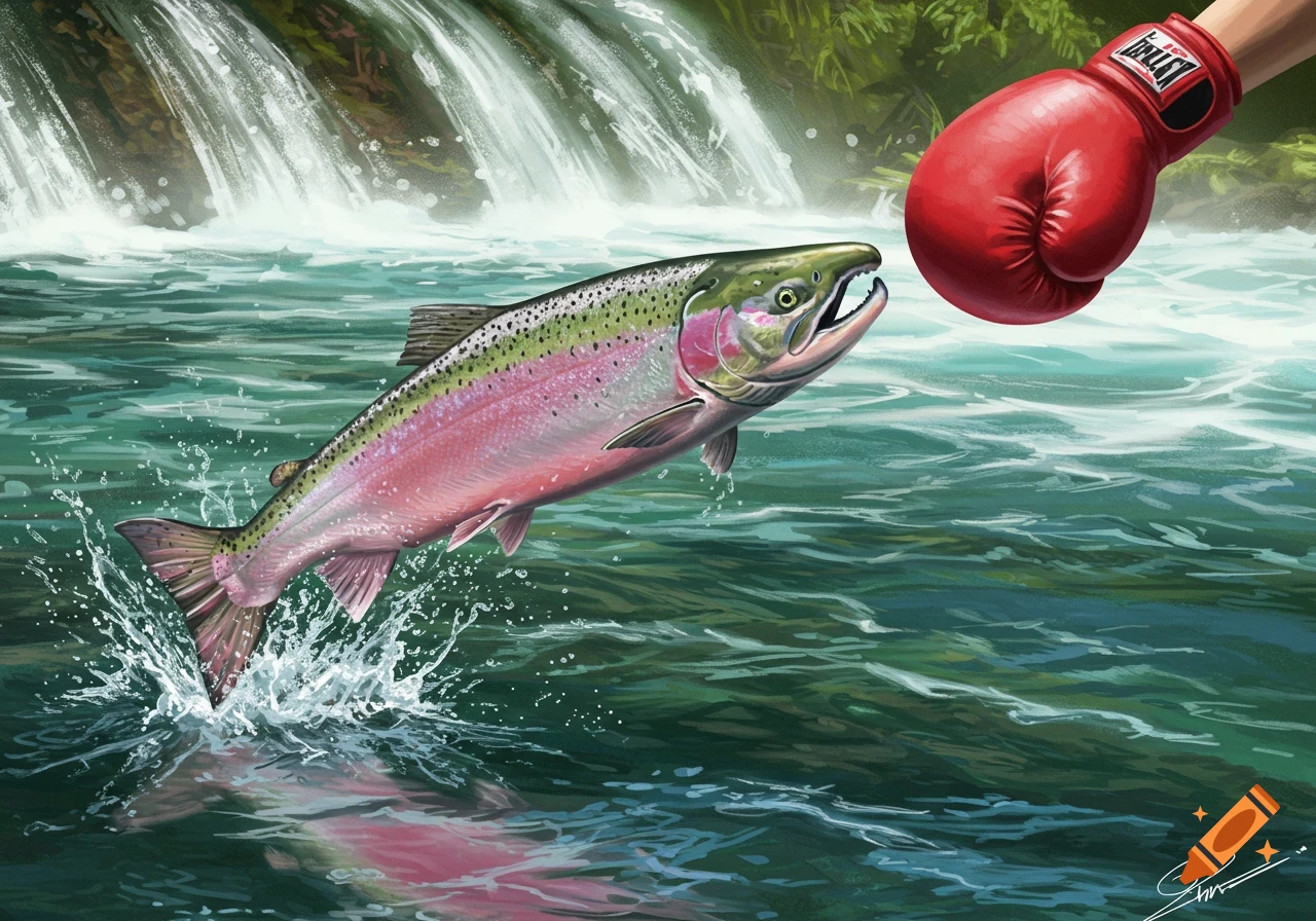 An illustration of a salmon leaping from a river with a red boxing glove hovering nearby and a waterfall in the background.